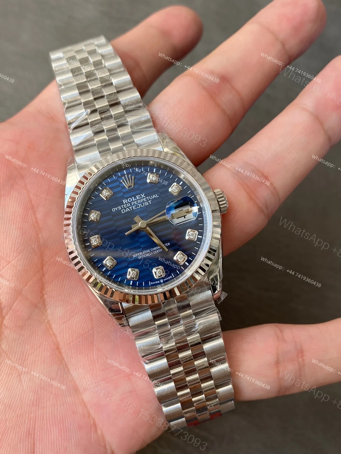View 2 of Rolex Datejust M126234-0057 1:1 Replica Water Ripple Diamond Blue Dial Jubilee 36MM 3235 Movement Super Clone Watch