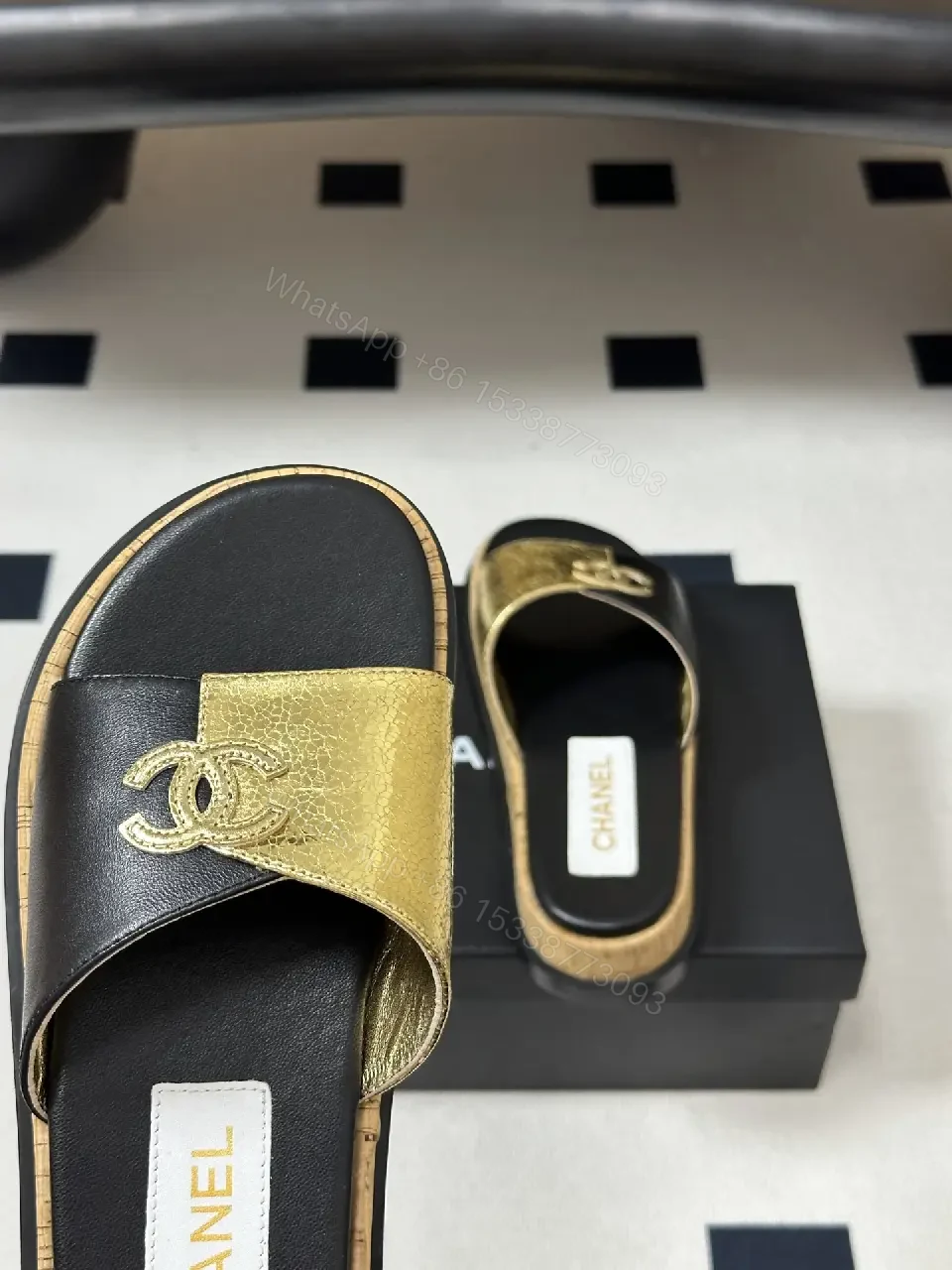 View 10 of Black Leather Luxury Chanel Logo Slide Sandals