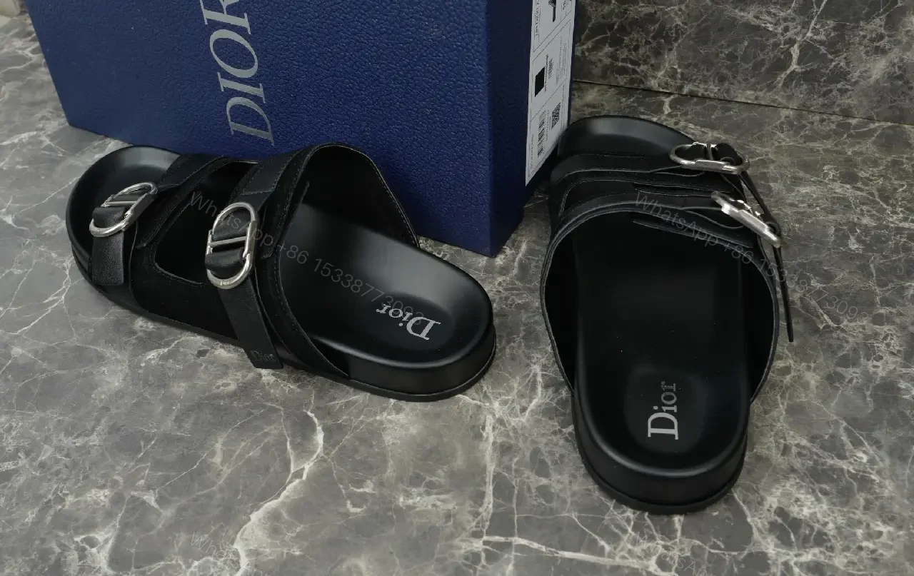 View 2 of Black Leather Double-Buckle Sandals, Dior Style, Slide Sandal
