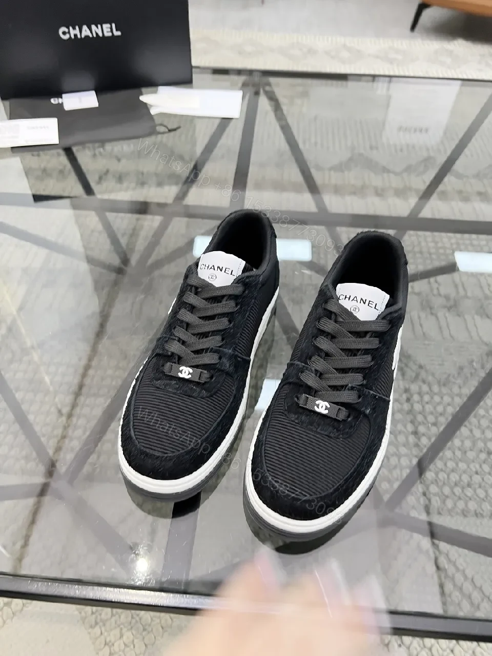 View 9 of Black Knit Sneaker + Leather-Texture Overlay + Minimalist + Signature Logo + Sneaker