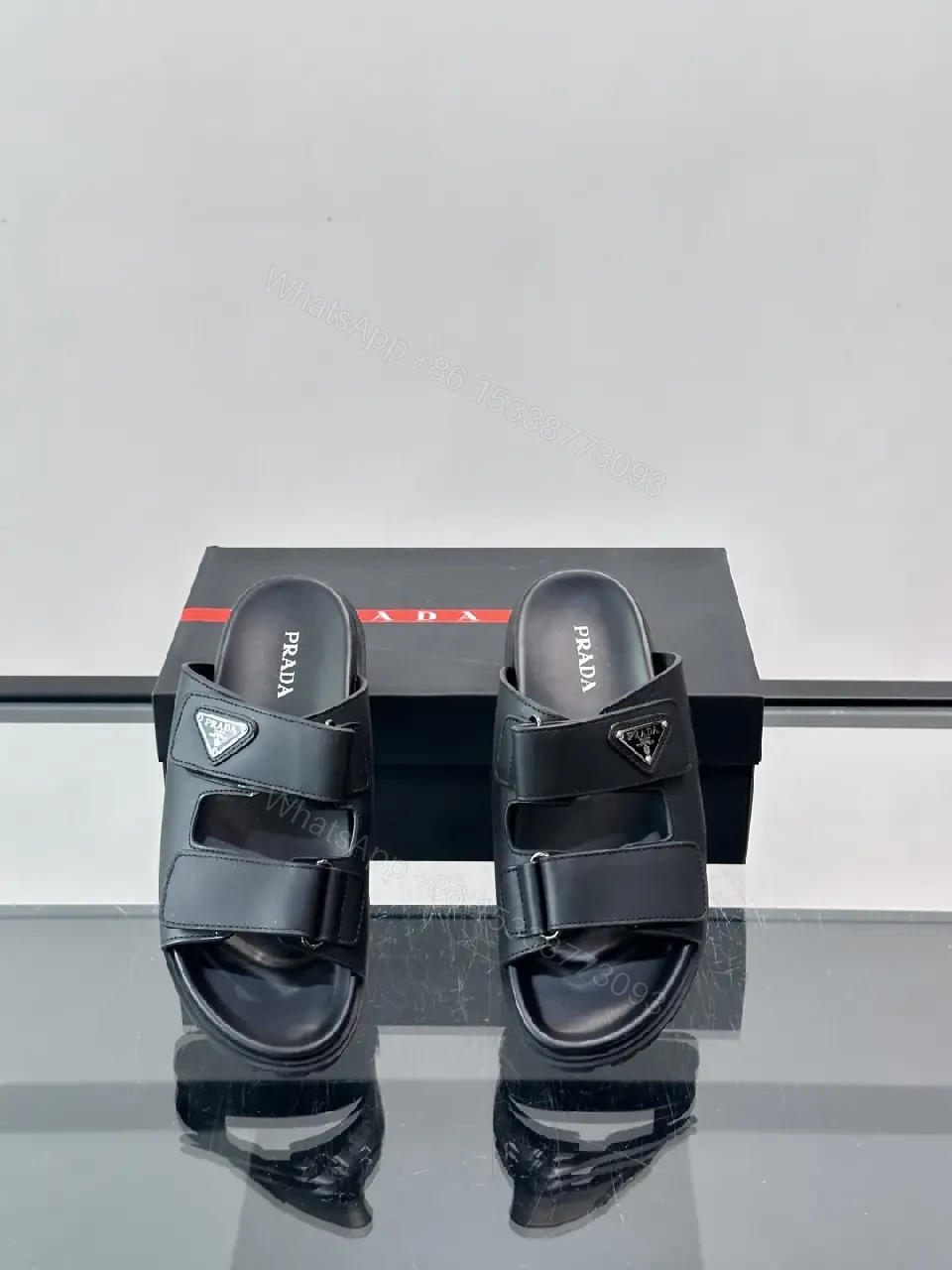 View 5 of Black Leather Sandals, Velcro Straps, Prada-Style Vintage Design Slippers