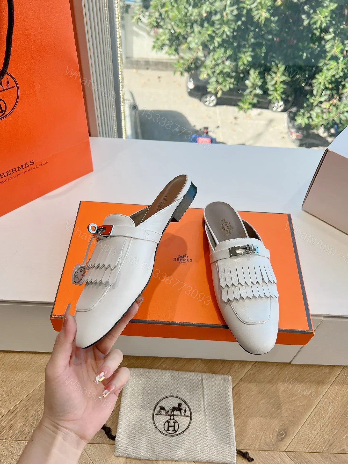 View 6 of Hermes Women White Leather Fringe Mules
