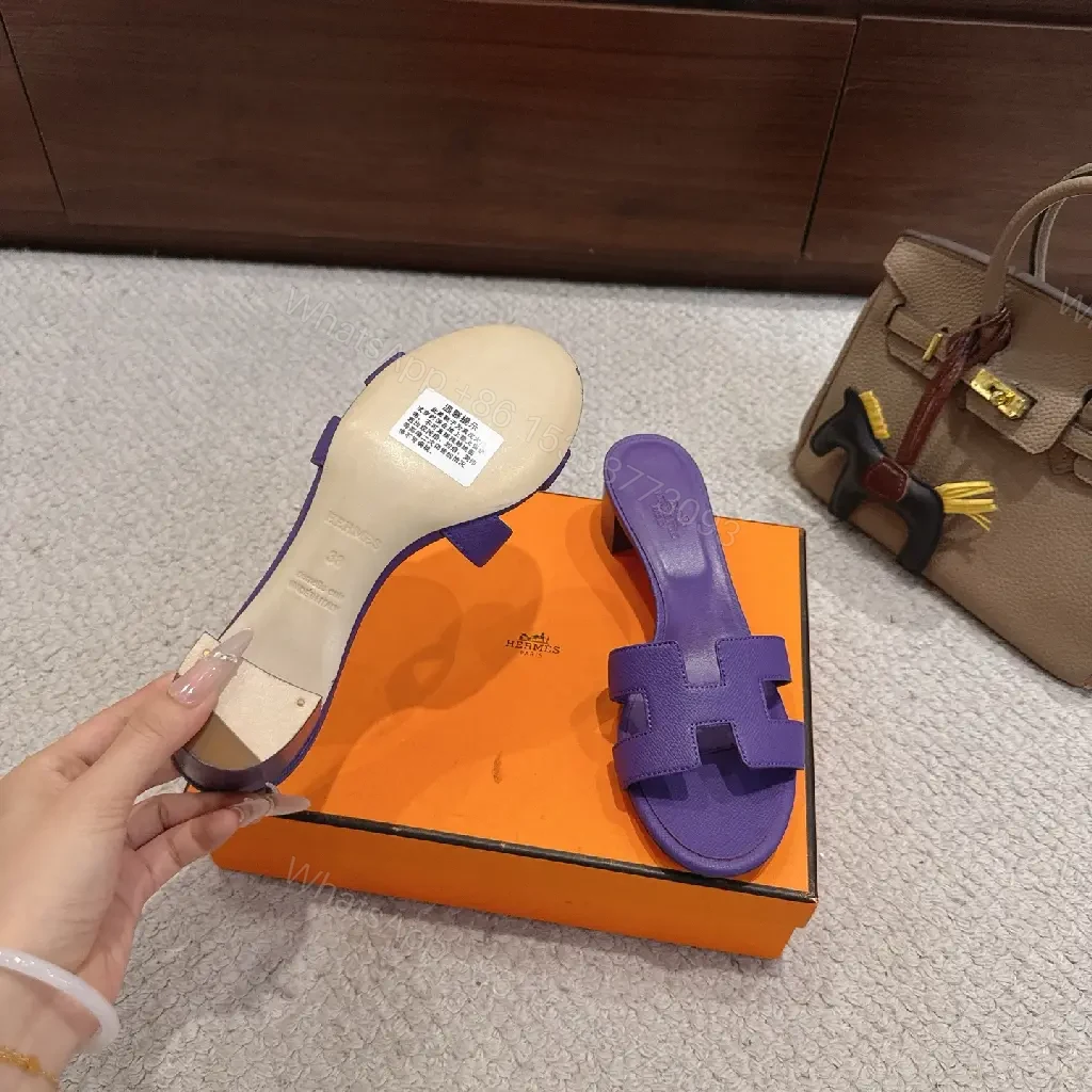 View 4 of Purple Leather Heeled Sandals Hermès-Style Slide Sandals
