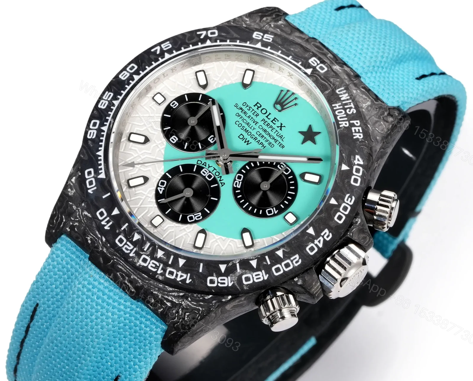 View 5 of Rolex Daytona Desert Sand Carbon Tiffany Edition Blue Strap Blue White Dial 40mm RG-DAYTONA-DESERT-SAND-TIFFANY