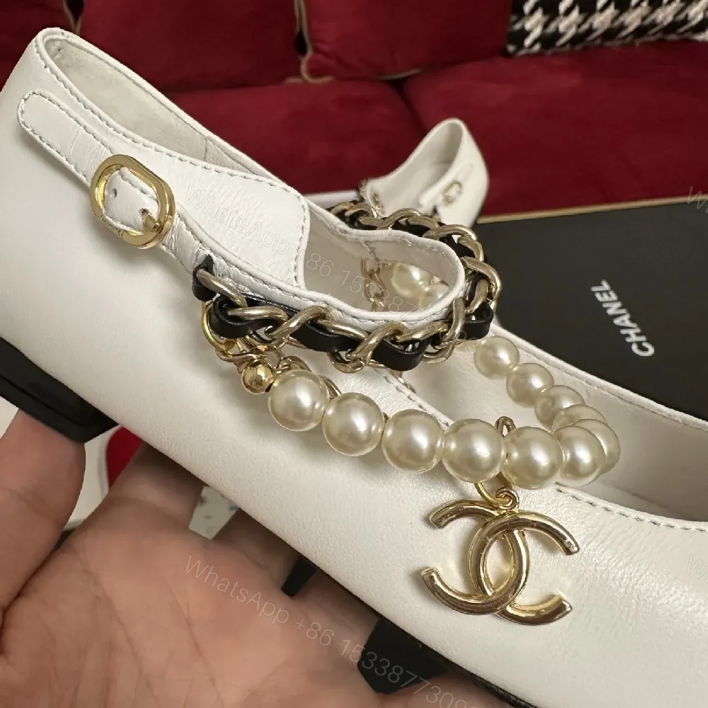 View 9 of White Leather Ankle Boots with Pearl Chain Detail, Black Toe Cap