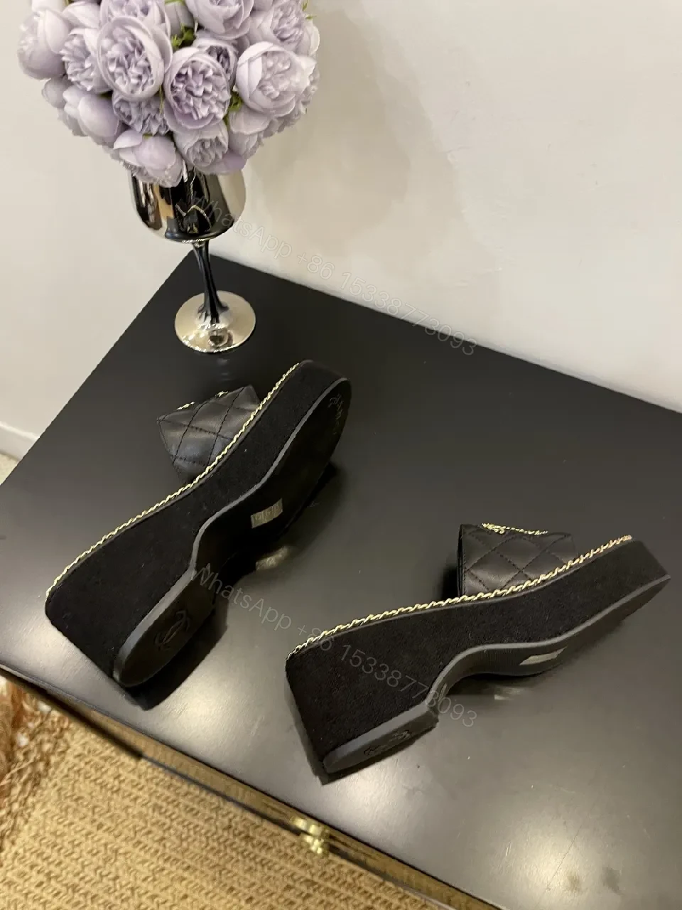 View 4 of Quilted Black Slides with Chain Trim - Couture Comfort Footwear