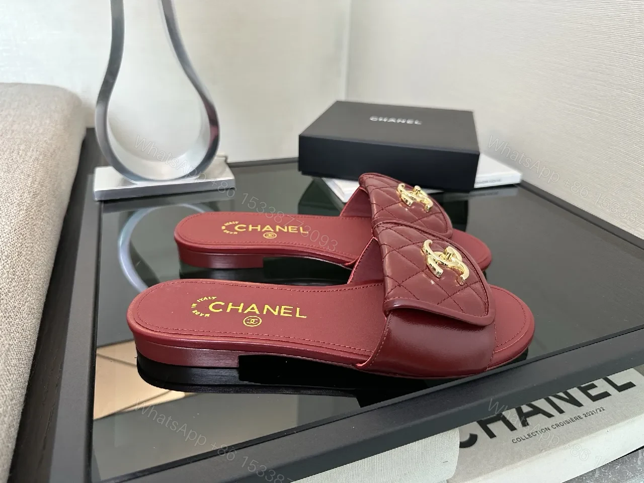 View 9 of Red Quilted Slip-On Sandals – Gold Hardware Luxury Slides