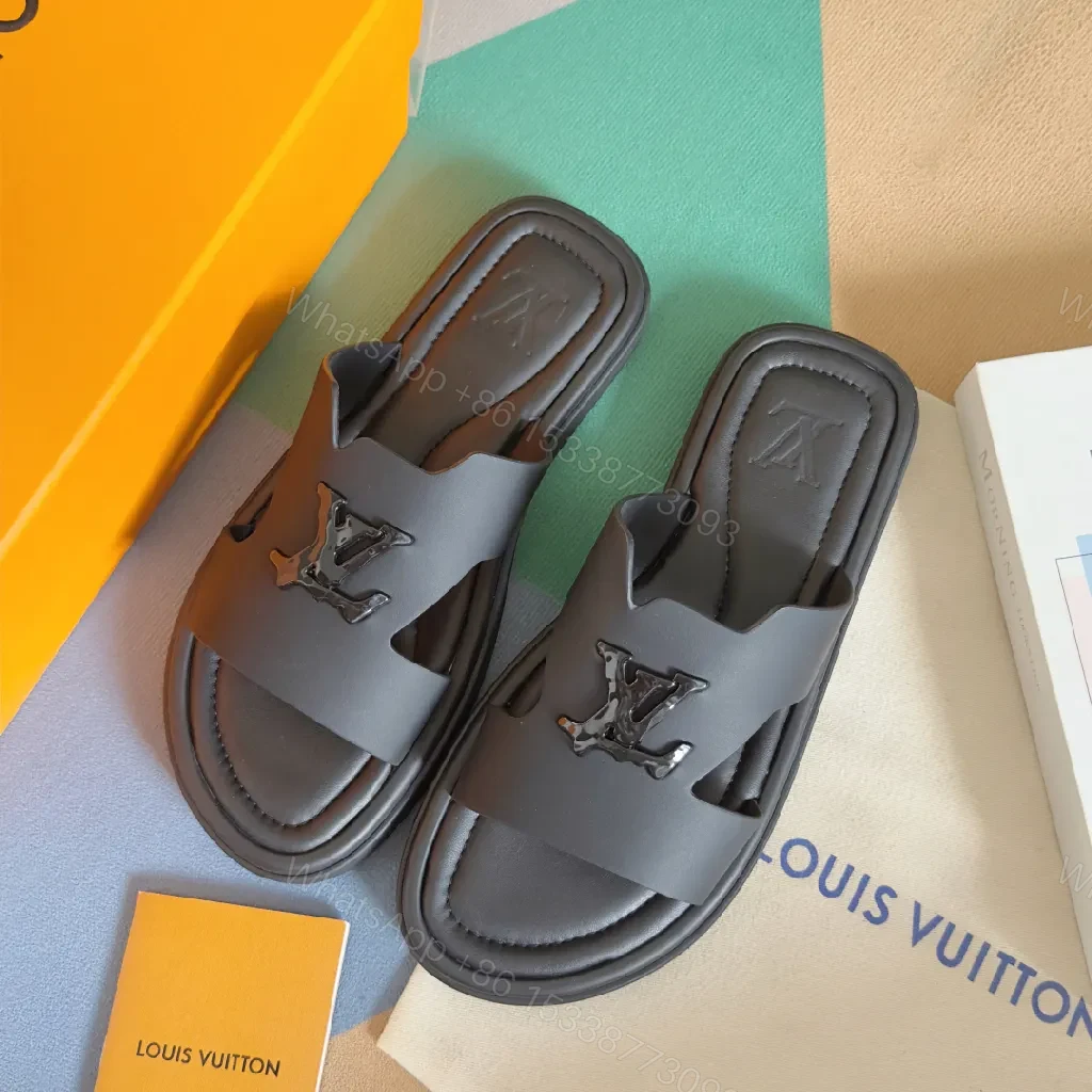 View 6 of Minimalist Black Leather Slides with Signature Emblem