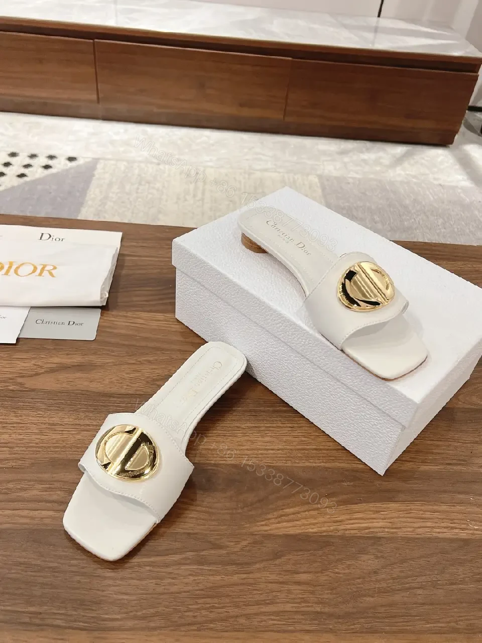 View 2 of White Leather Slide Sandals Gold Heart Buckle Dior Style Comfortable Sandals