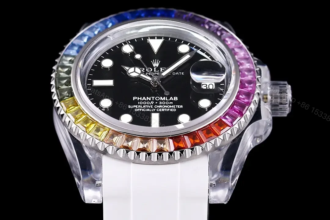 View 3 of Rolex Submariner Date Phantom Blue Rainbow replica 40MM White Rubber Strap Edition RG-SUB-PHANTOM-BLUE-RAINBOW-WHITE-RUBBER-40