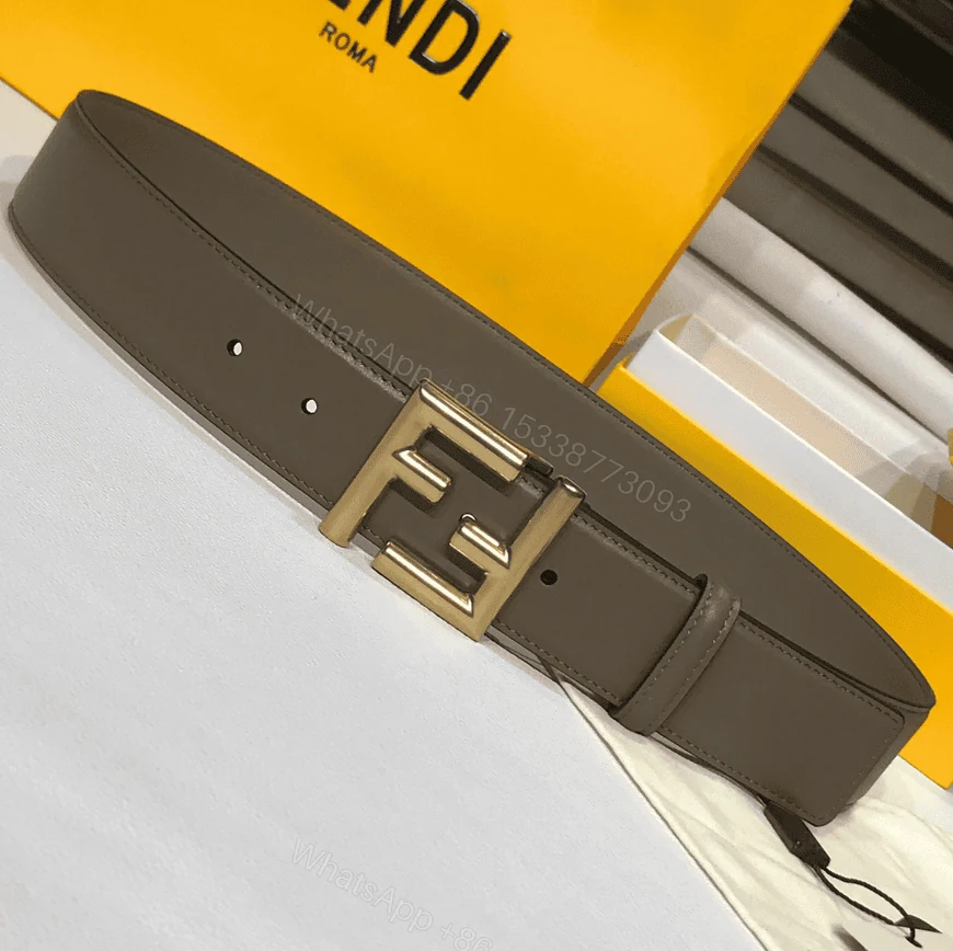 View 4 of FENDI GREY LEATHER BELT WITH FENDI GOLD BUCKLE 40MM