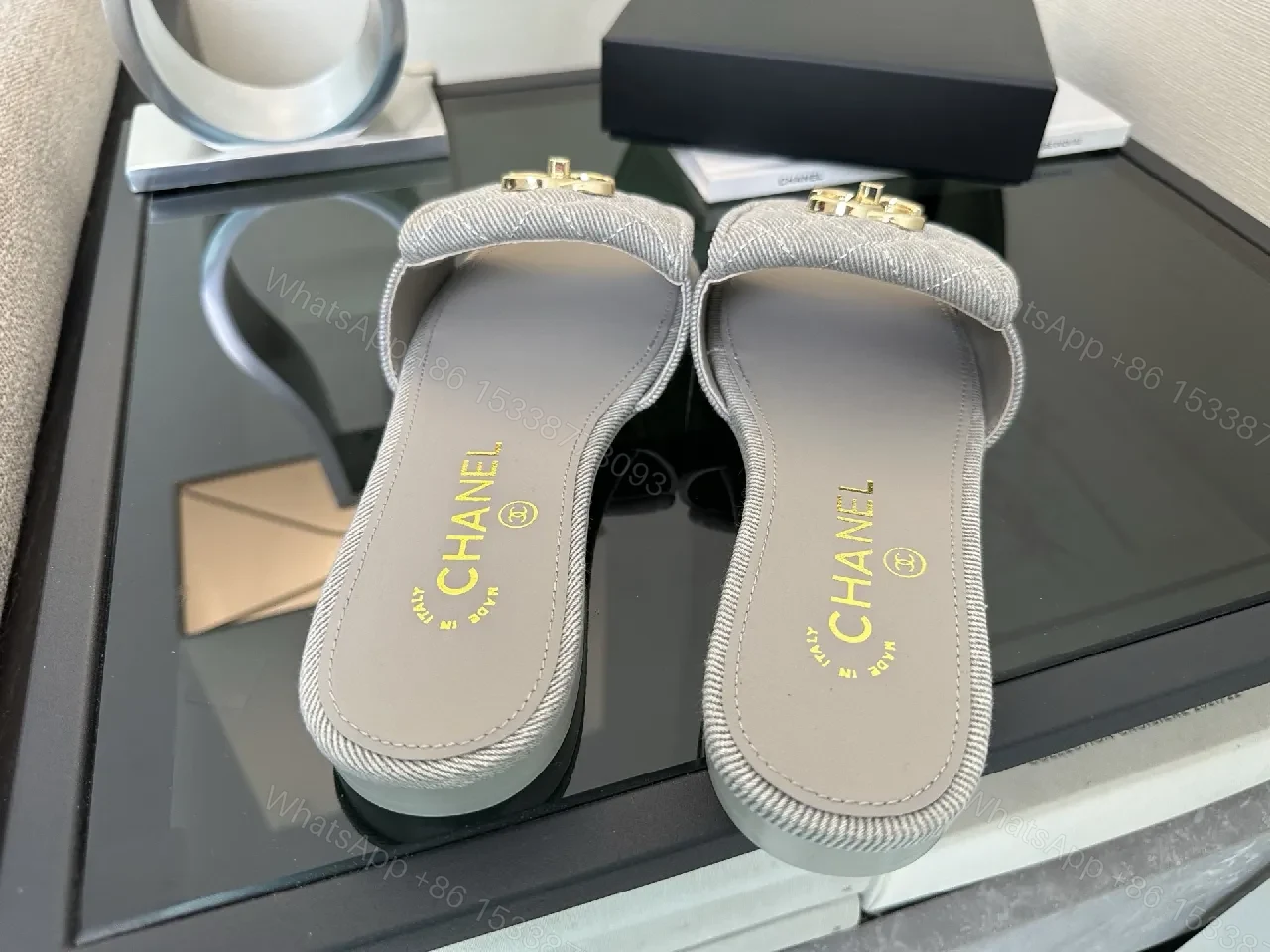 View 7 of Soft Denim Slides + Denim Texture + Minimalist Luxury + Gold Emblem + Slides