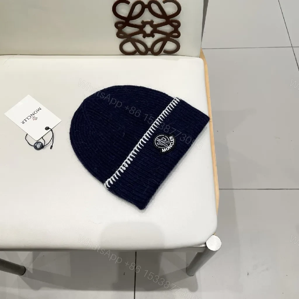 View 4 of Navy Knit Beanie with Contrast Stitch, Fold-Over Cuff