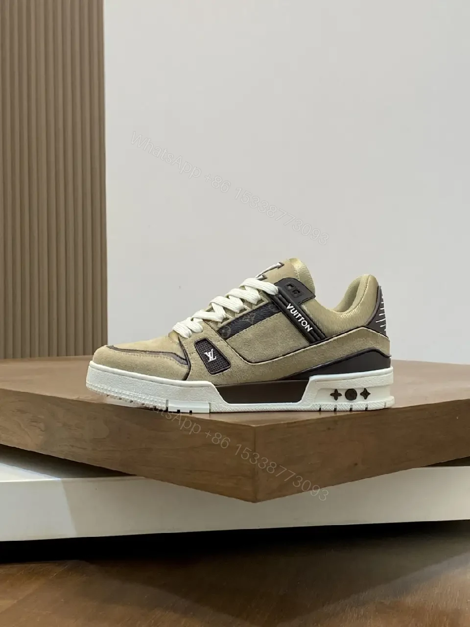 View 3 of Beige Canvas Louis Vuitton-Style Sneaker with Iconic Accents