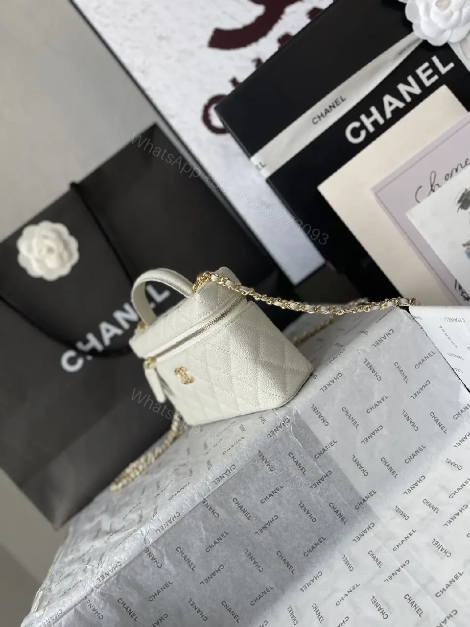 View 11 of Quilted Ivory Mini Bag in Luxe Chevron, Gold Hardware