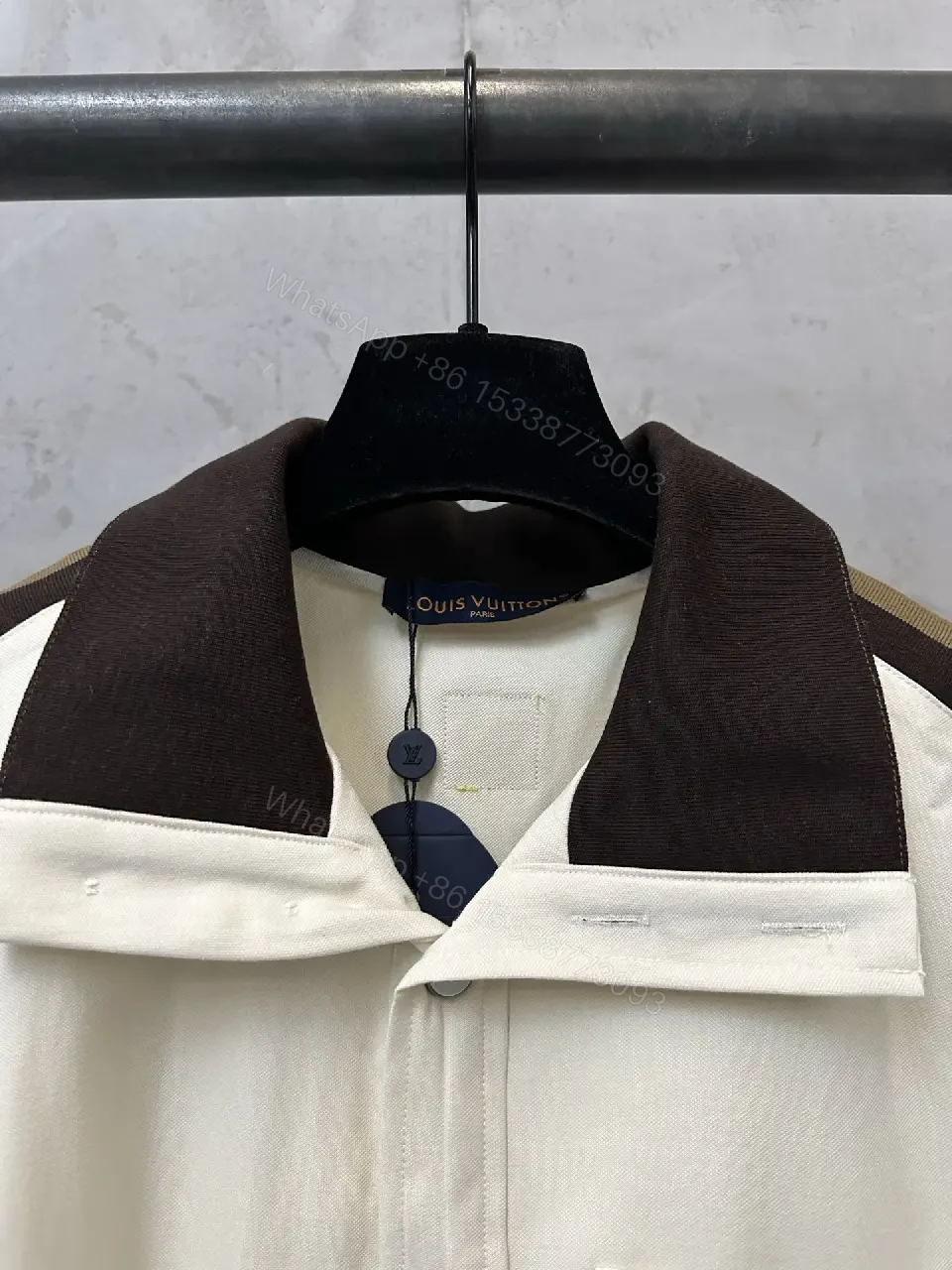 View 4 of White Cotton Polo Shirt with Black Accent Louis Vuitton Style Key Feature Pocket Short Sleeve Shirt