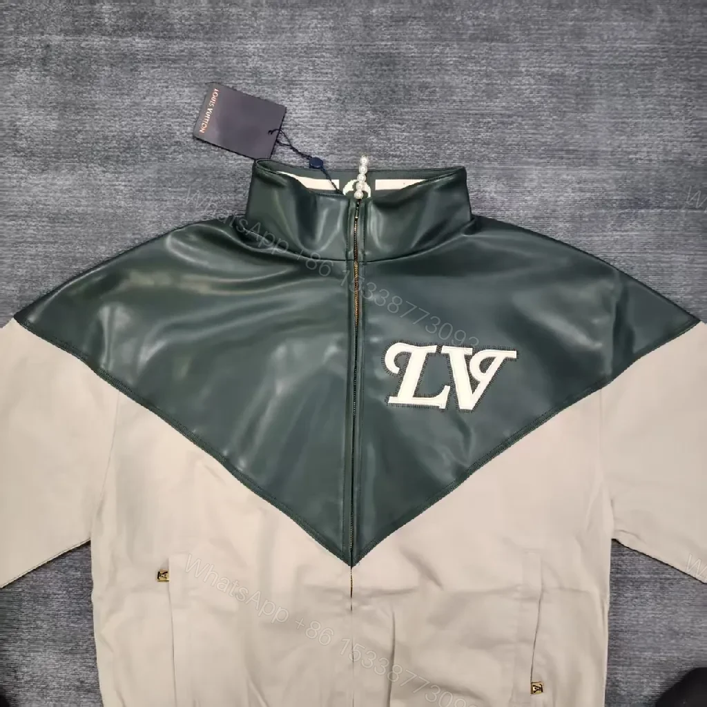 View 4 of Color-blocked Leather-Texture Windbreaker with LV-Inspired Accent