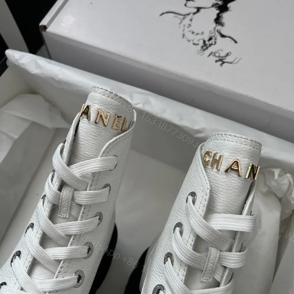 View 4 of Two-Tone Combat Boots: Luxe Urban High-Top with Logo Details