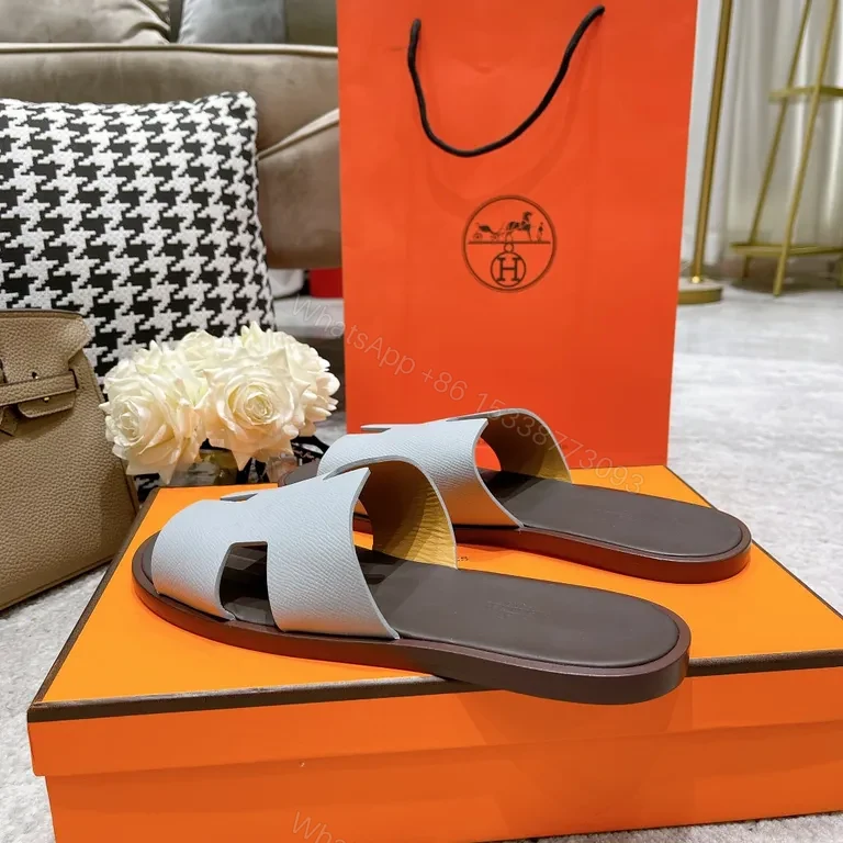 View 4 of Ice-Blue Hermes Oran Slides: Clean, Confident Comfort