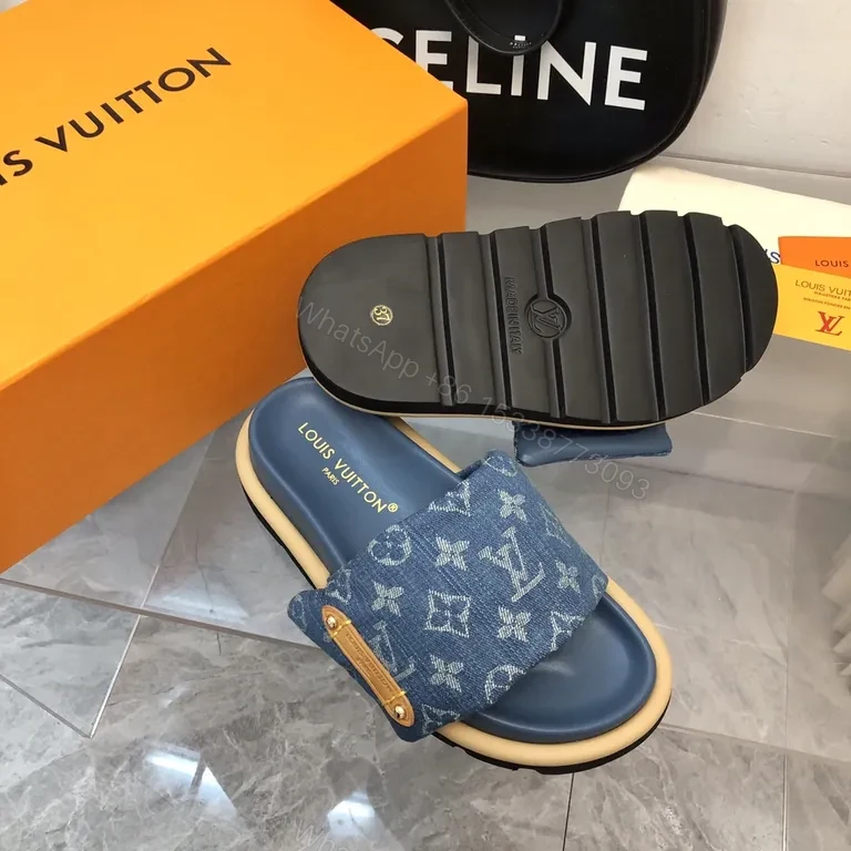 View 3 of Denim Monogram Slides: Luxe Comfort for Summer Style