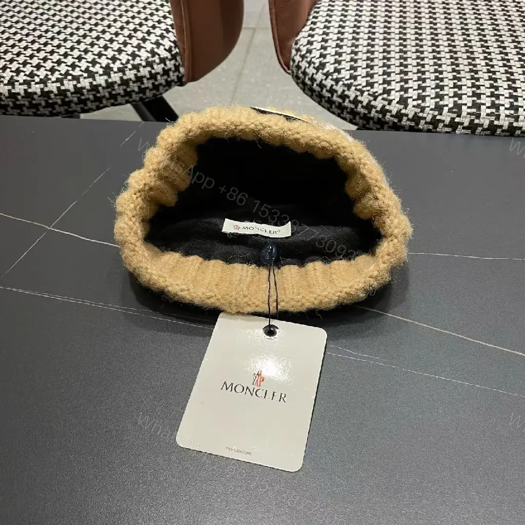 View 3 of Chunky Knit Beanie – Textured Camel Knit, Moncler-Inspired Patch, Luxury Warmth