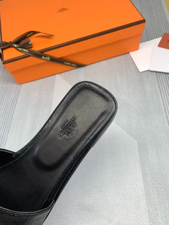 View 2 of Croc-Texture Hermes Leather Slides: All-Day Comfort