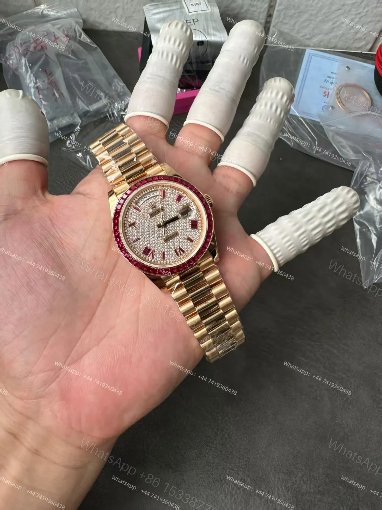 View 11 of Rolex Day-Date 228398TRU 1:1 Custom Edition Ruby & Moissanite Diamond Dial and Bezel 40MM 3255 Movement Super Clone Watch
