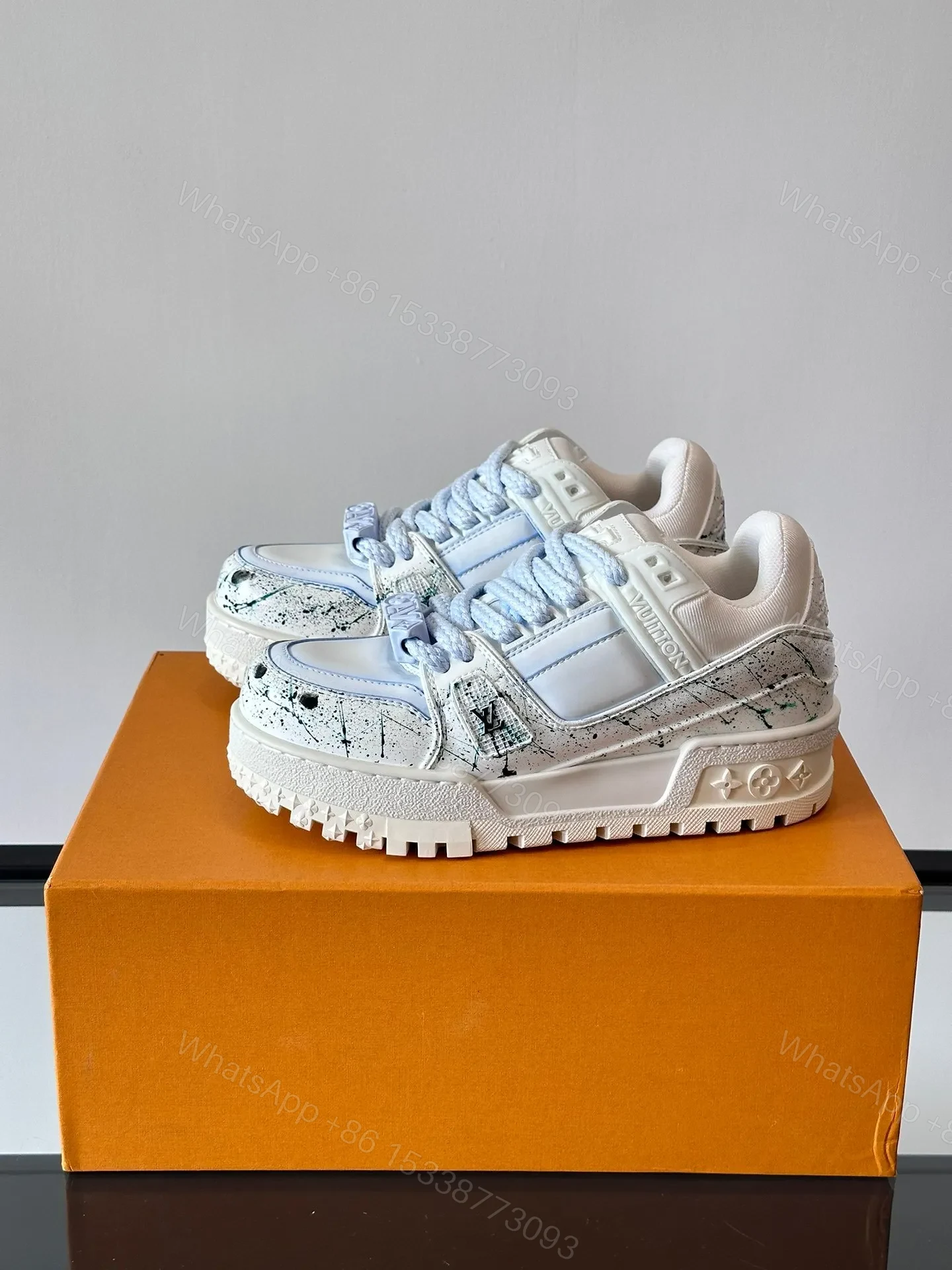 View 3 of LV Men White Leather Painted Sneakers