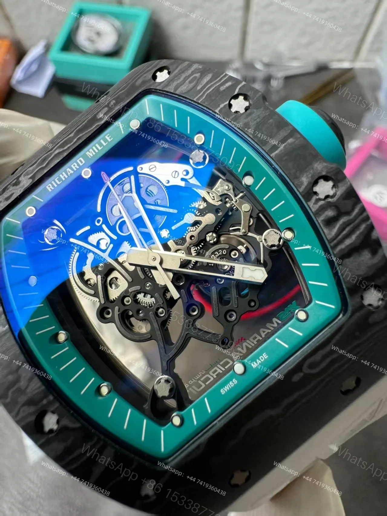 View 16 of Richard Mille RM 055 “Yas Marina Circuit” Carbon TPT Vaucher Free-Sprung White Rubber Strap Custom Super Clone