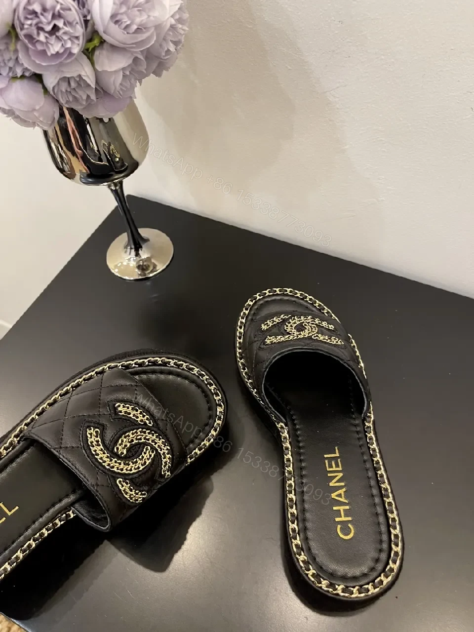 View 5 of Quilted Black Slides with Chain Trim - Couture Comfort Footwear