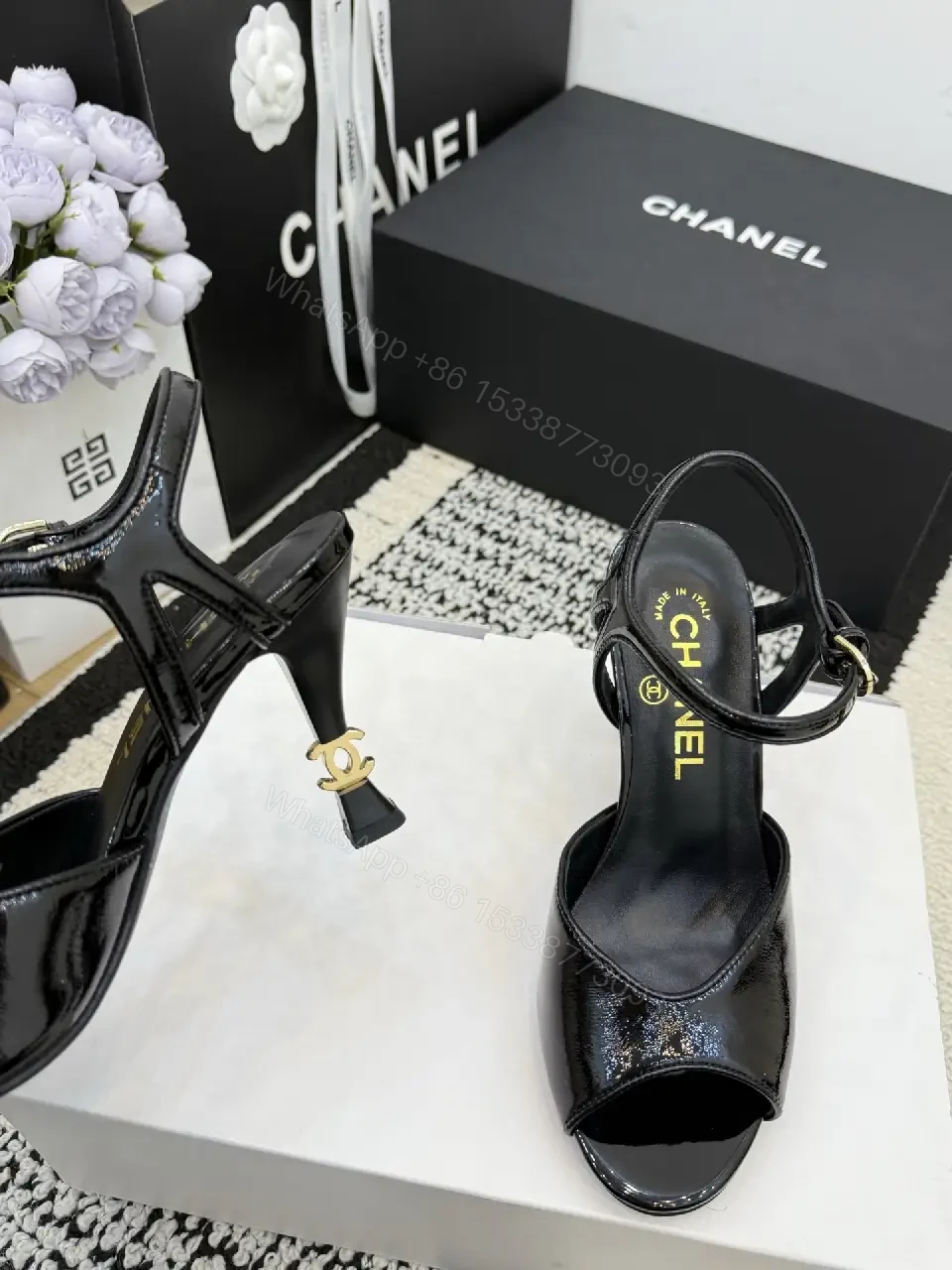 View 8 of Glitter-Accent Patent High-Heel Sandals - Strappy, Open-Toe, Ankle-Glitz