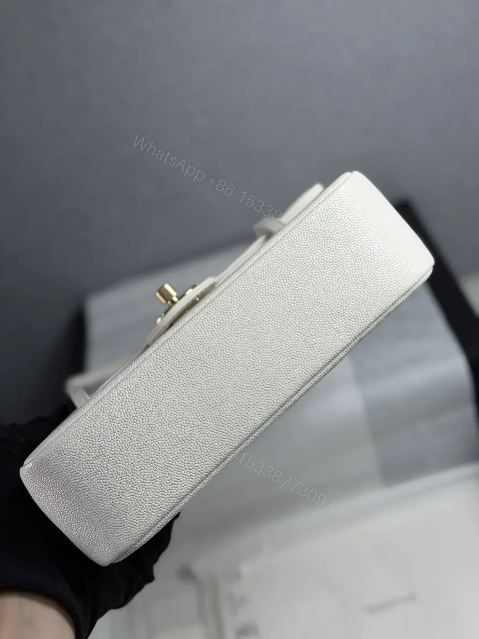 View 9 of Minimalist White Pebble Leather Shoulder Bag with Gold Hardware