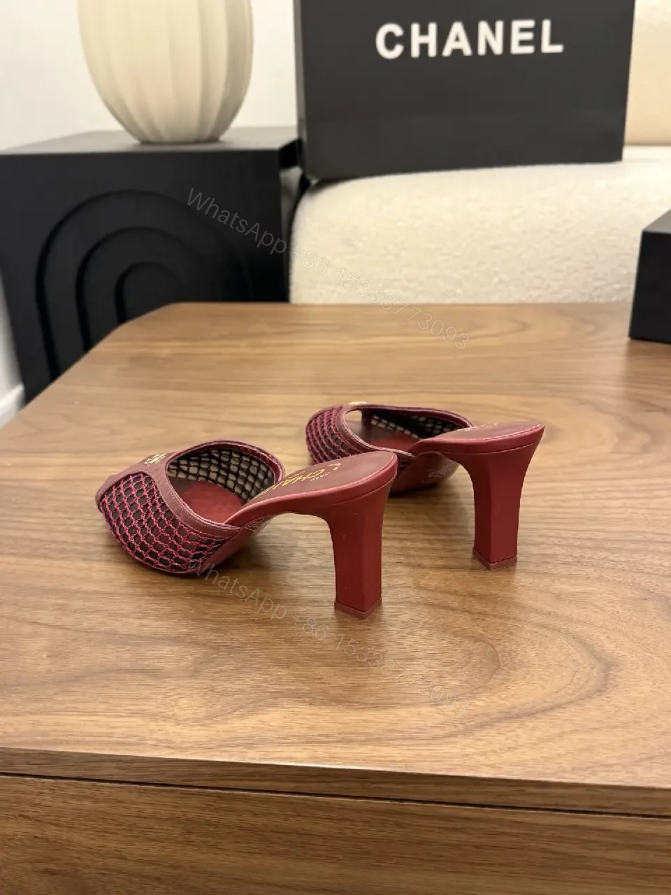 View 10 of Red Leather Mesh Heel Sandals Classic Chanel Style Mid Heel Sandal