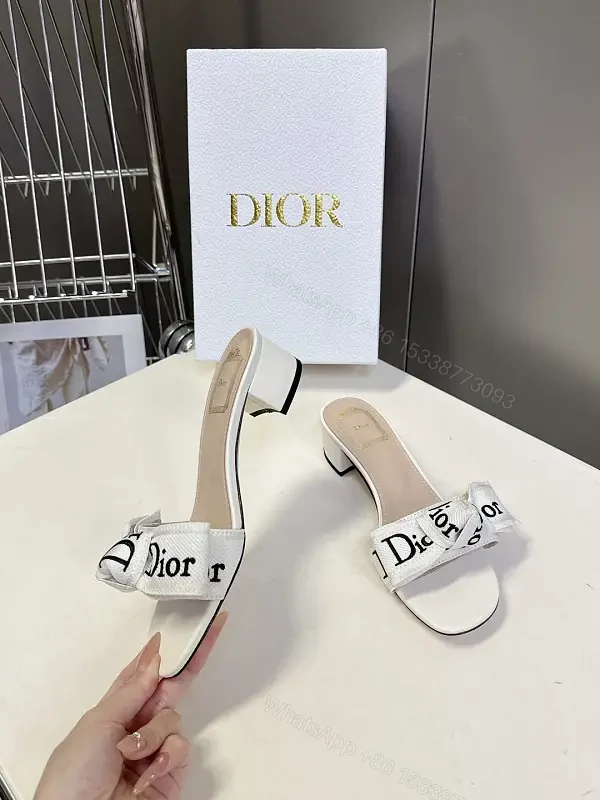 White Leather Dior-Style Bow Sandals, Slip-On Heeled Slide — view 1