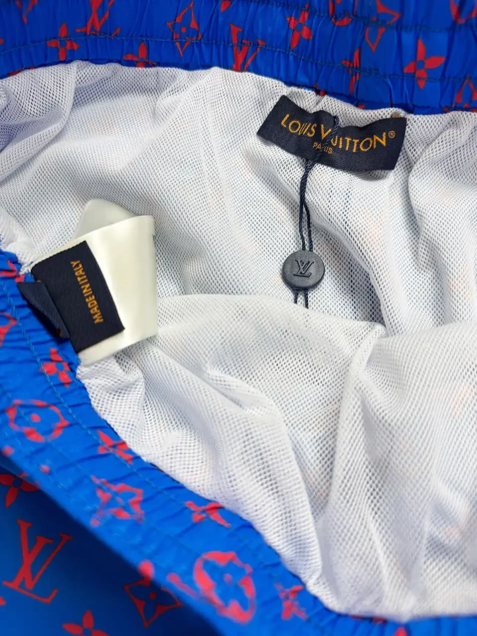 View 6 of Blue Louis Vuitton Monogram Swim Shorts with Red Drawstring