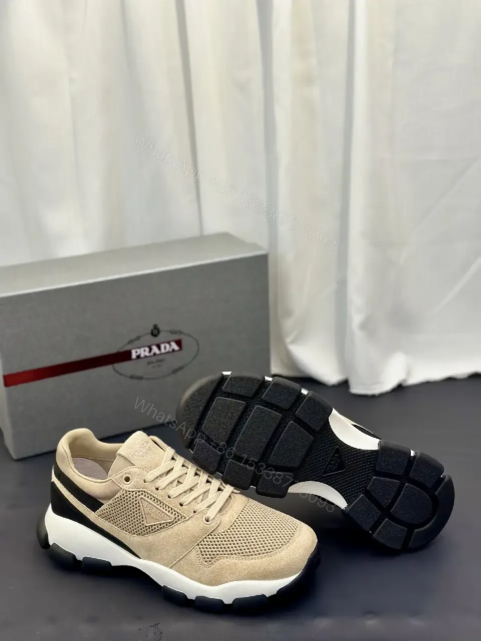 View 8 of Beige Mesh & Suede Sneakers, Lightweight Runner Style, Prada Lookalike