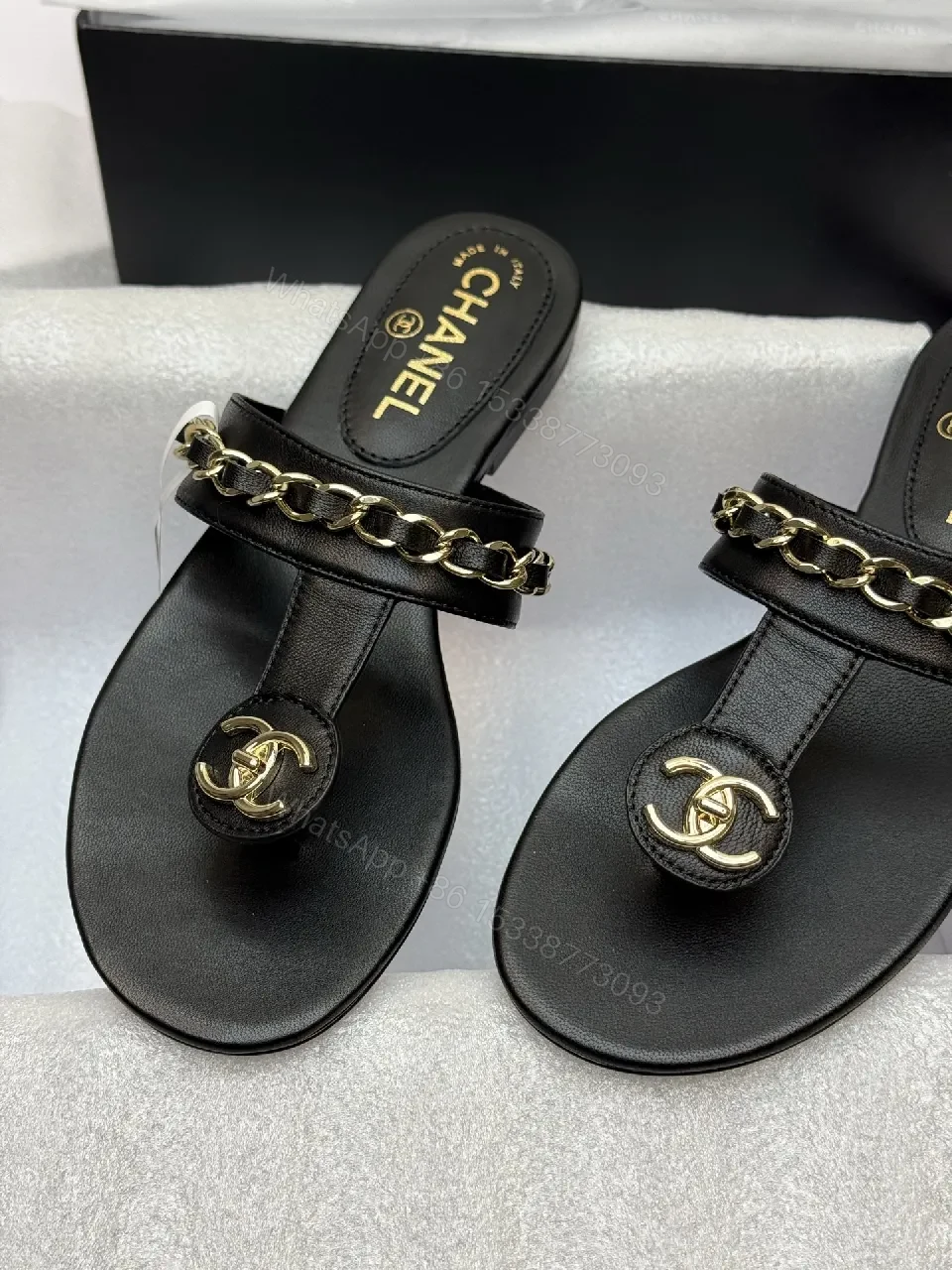 View 6 of Black Leather Chain Sandals, Gold-Tone Detail, Open-Toe, Comfort