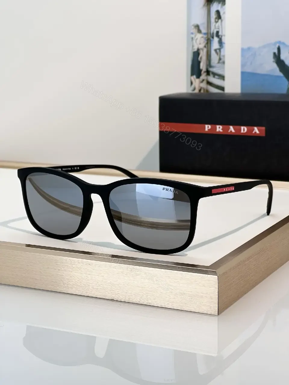 View 6 of Brown Tortoiseshell Sunglasses, Wayfarer-Inspired, Full-Frame, Mottled Pattern, Prada Logo Front