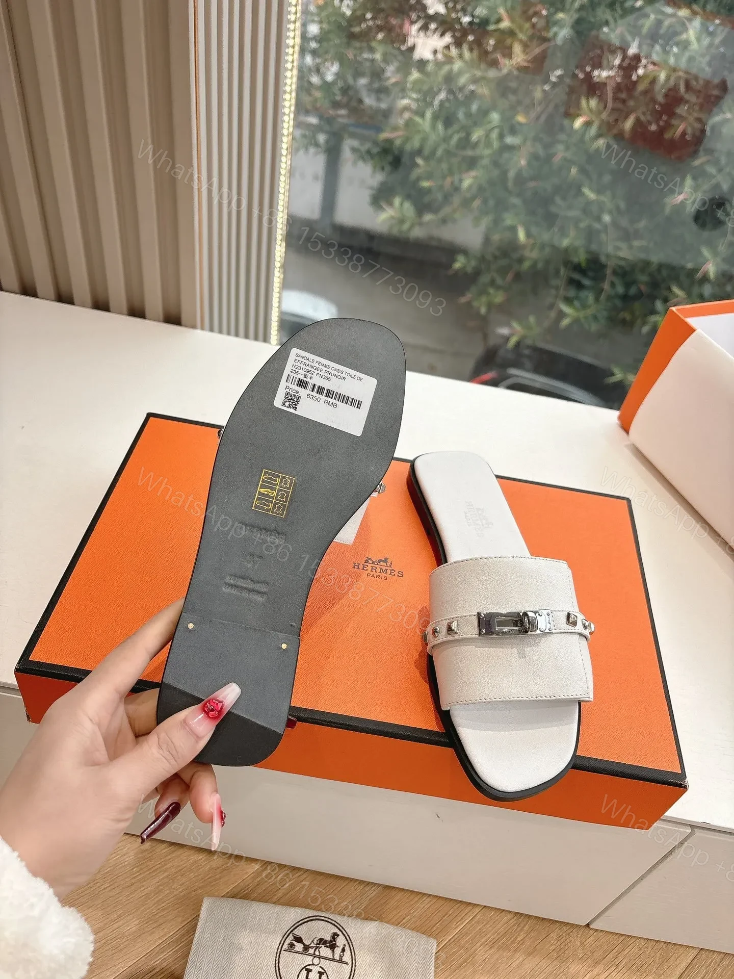 View 2 of Hermes Women White Leather Slide Sandals