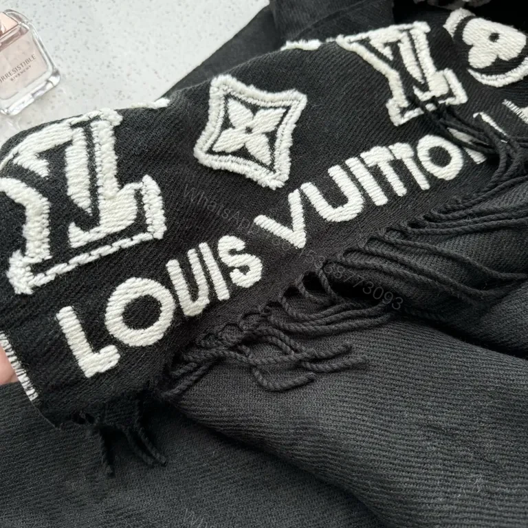 View 9 of Lux Black Knit Scarf: LV-Inspired Monogram, White Stitch, Fringed