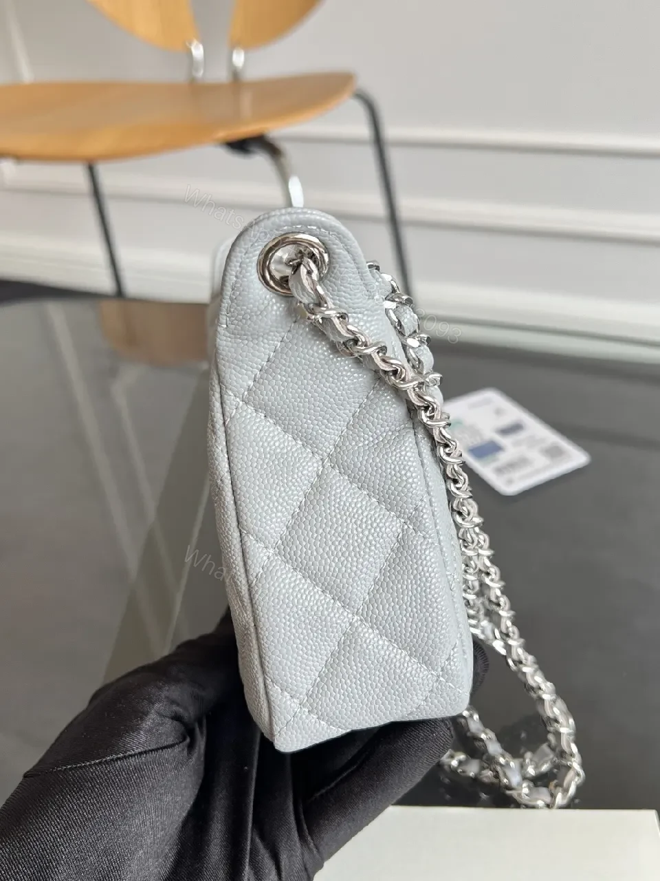 View 7 of Quilted Grey & Pink Mini Bag Set: Double-C Hardware, Chain Strap