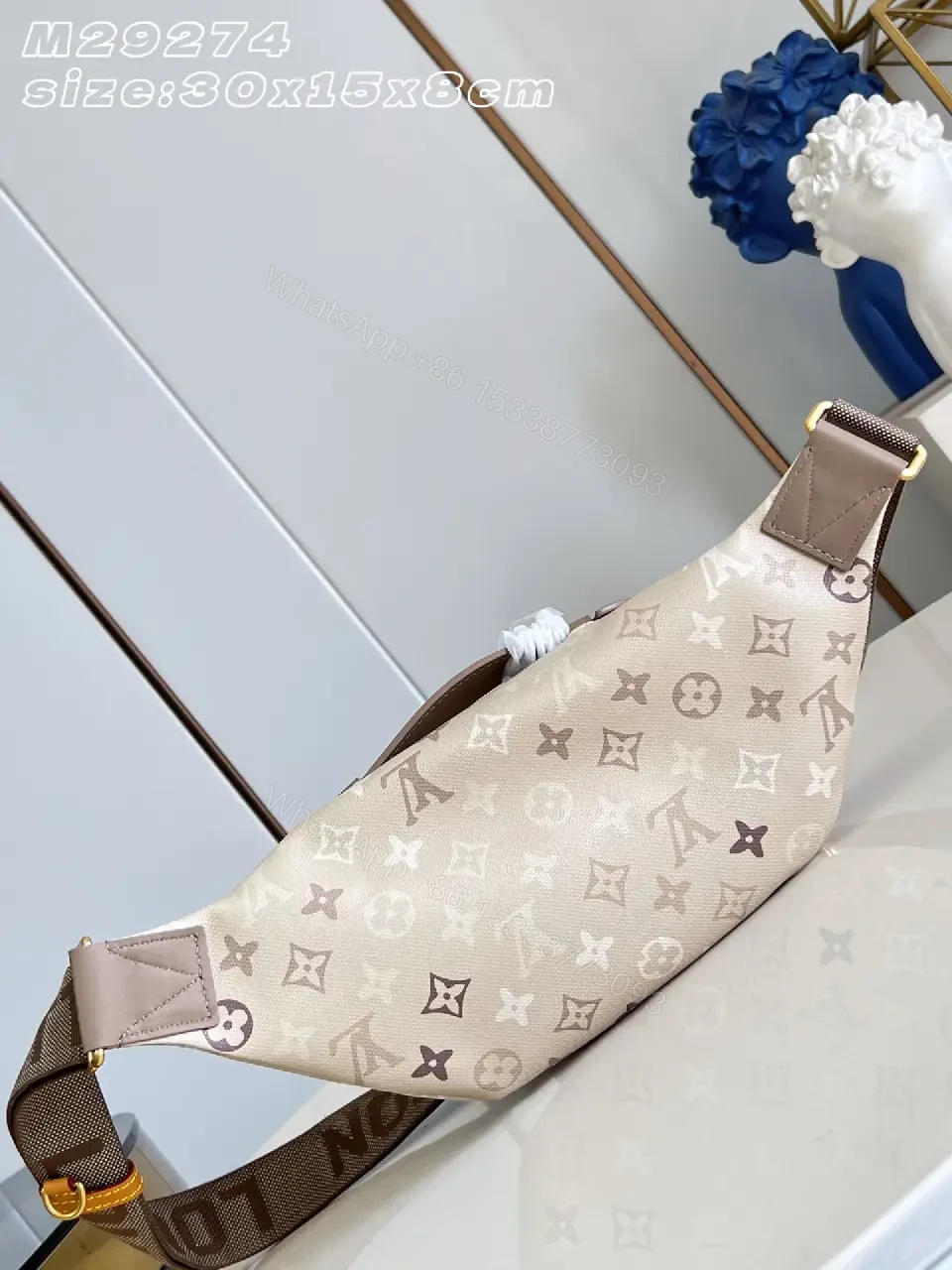 View 7 of Beige Canvas LV-Pattern Crossbody Bag with Gold Zippers