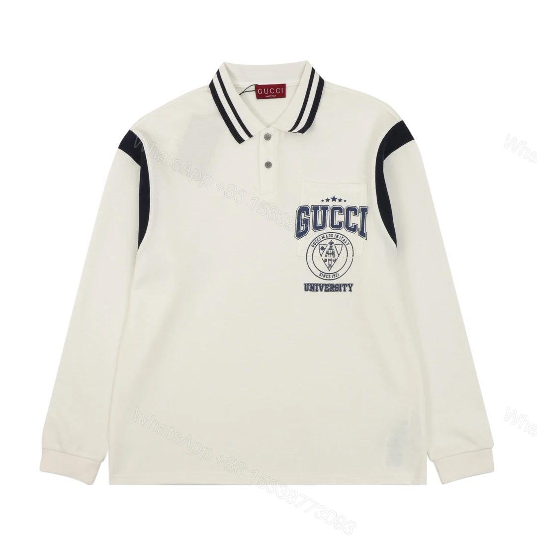 Gucci 高仿男士長袖POLO 白色大學風拼接設計 立體刺繡LOGO款 — view 1