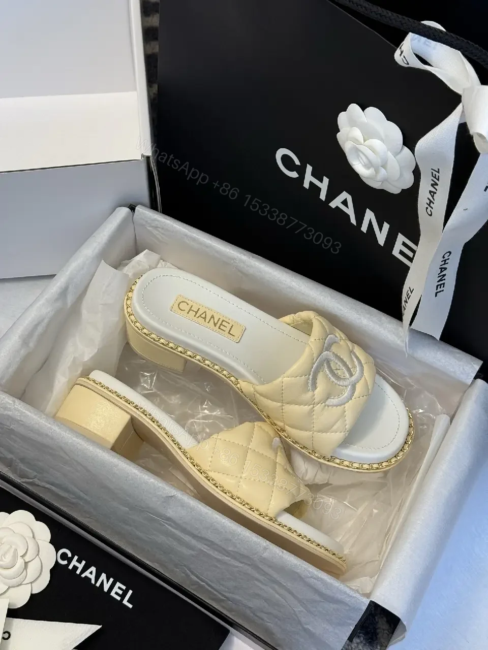 View 5 of Champagne-Beige Quilted Slide: Luxury, Slip-On Comfort