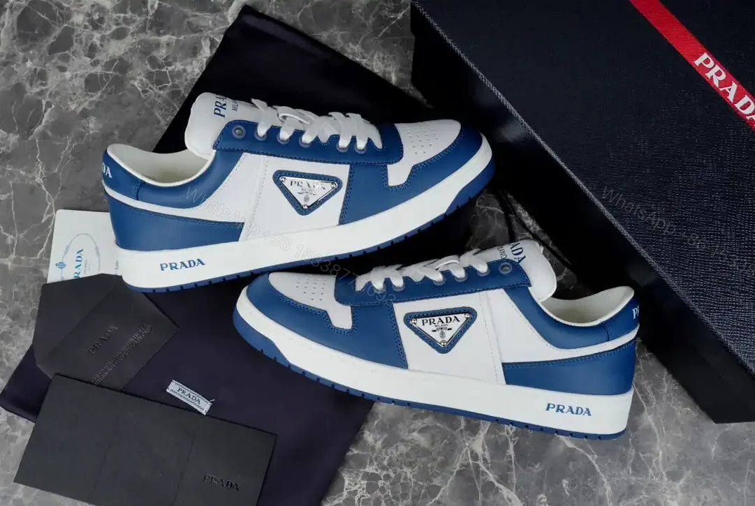View 5 of PRADA DOWNTOWN LEATHER SNEAKERS IN WHITE AND LACQUER BLUE- PRD011