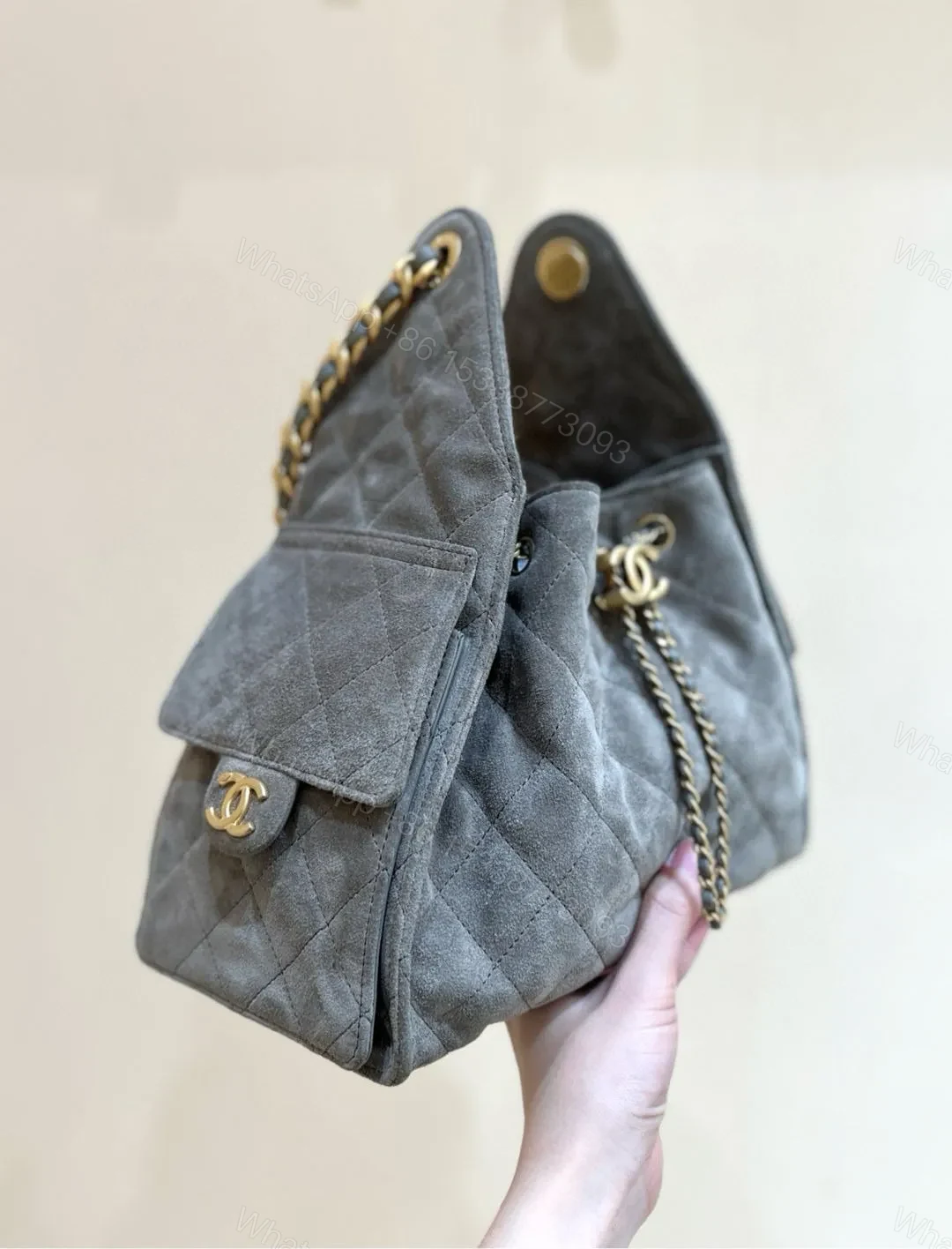 View 2 of CHANEL 25 HANDBAG IN GREY 30 SUEDE GOLD HARDWARE