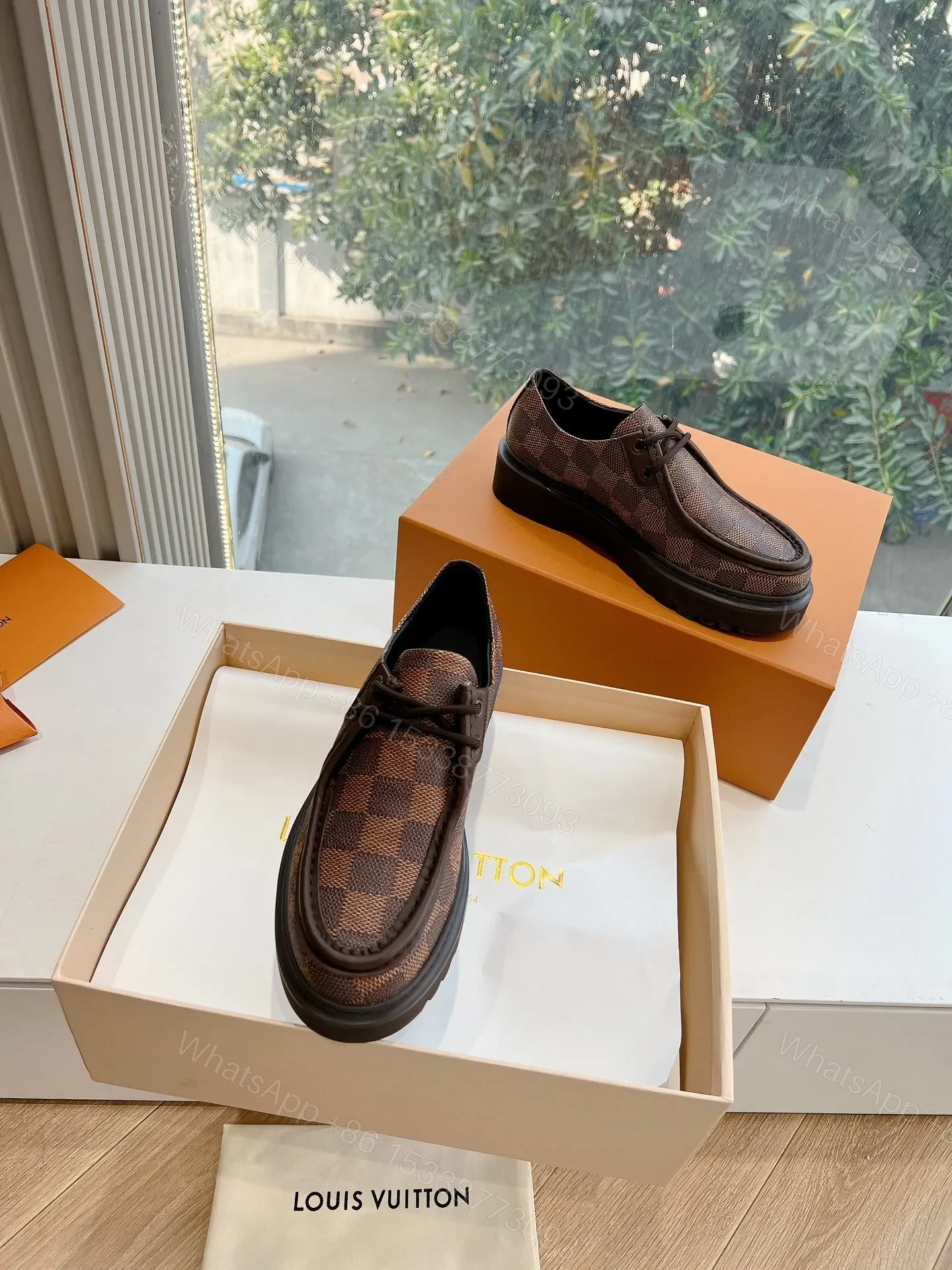 View 3 of LV Women Brown Checkered Leather Loafers