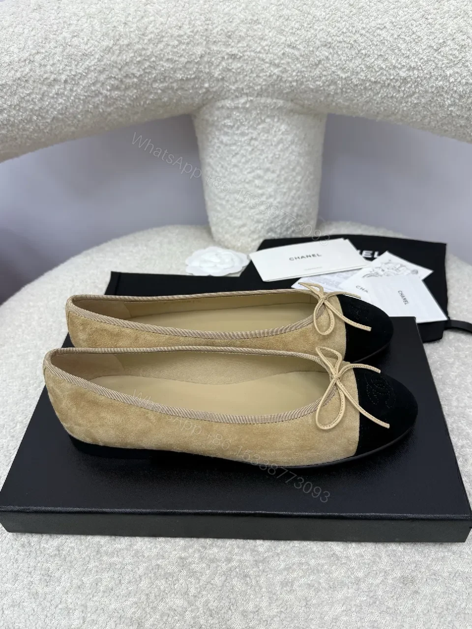 View 4 of Taupe & Black Two-Tone Ballet Flats with Bow Detailing