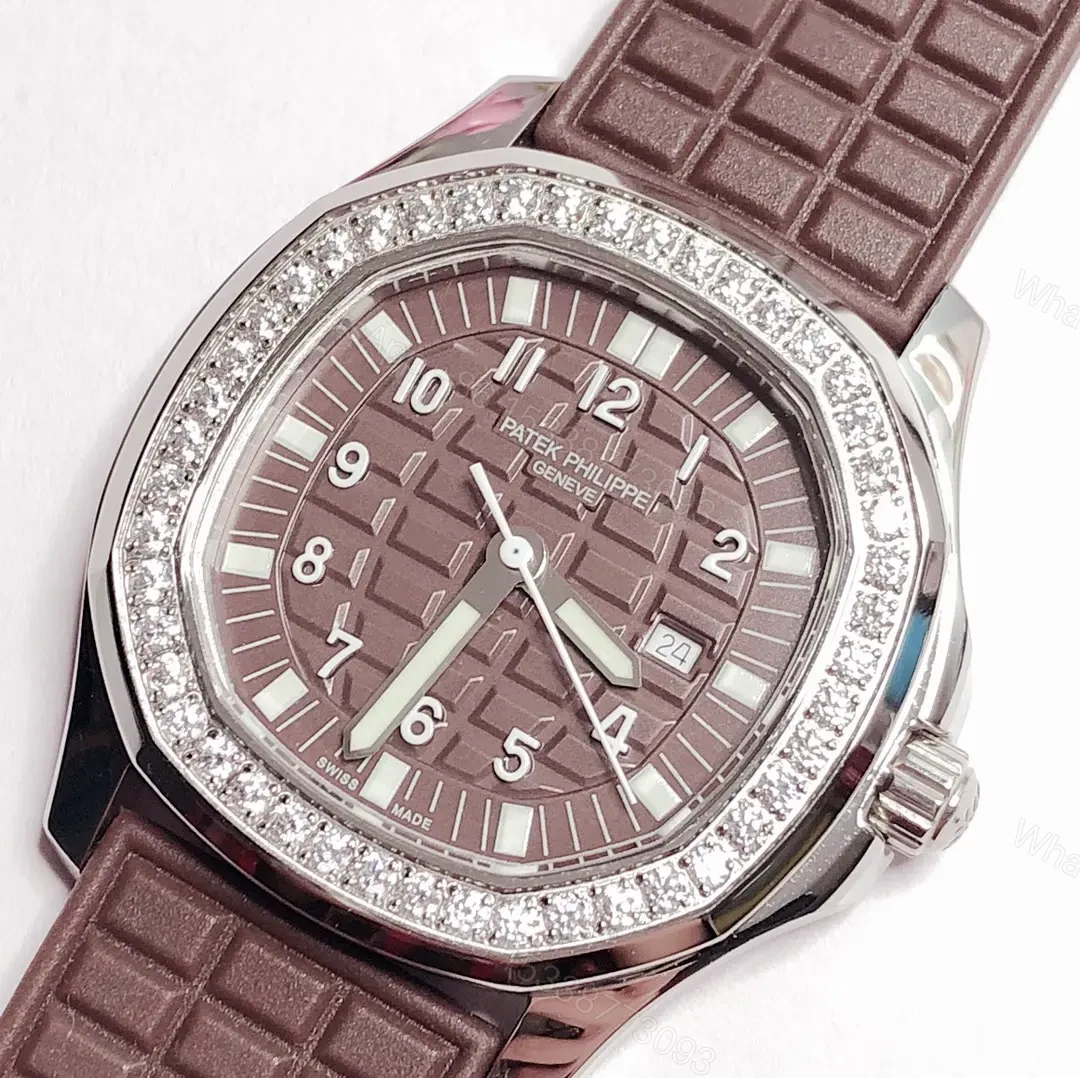 View 4 of Patek Philippe Aquanaut Series Rose Gold Mechanical Women’s Watch with Swarovski Crystals and Brown Rubber Strap