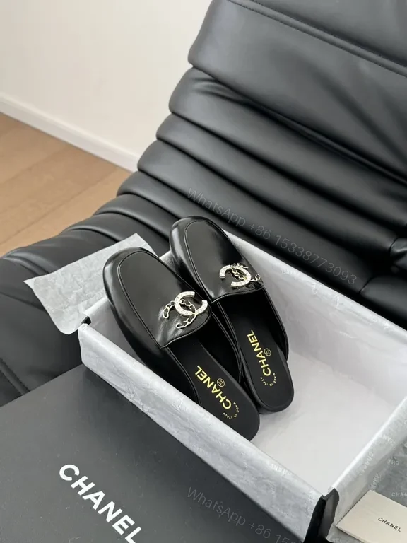 View 3 of Chanel-Inspired Black Leather Slip-Ons with Signature Hardware